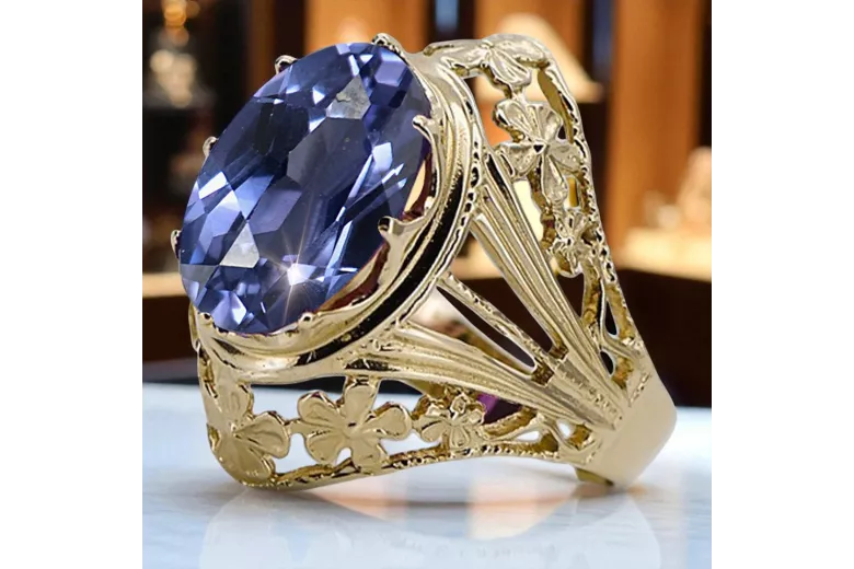 Pierścionek z żółtego 8k złota z Aleksandrytem vrc031x-ax Styl Vintage Art Deco Sowiecki Rosyjski ZSRR styl